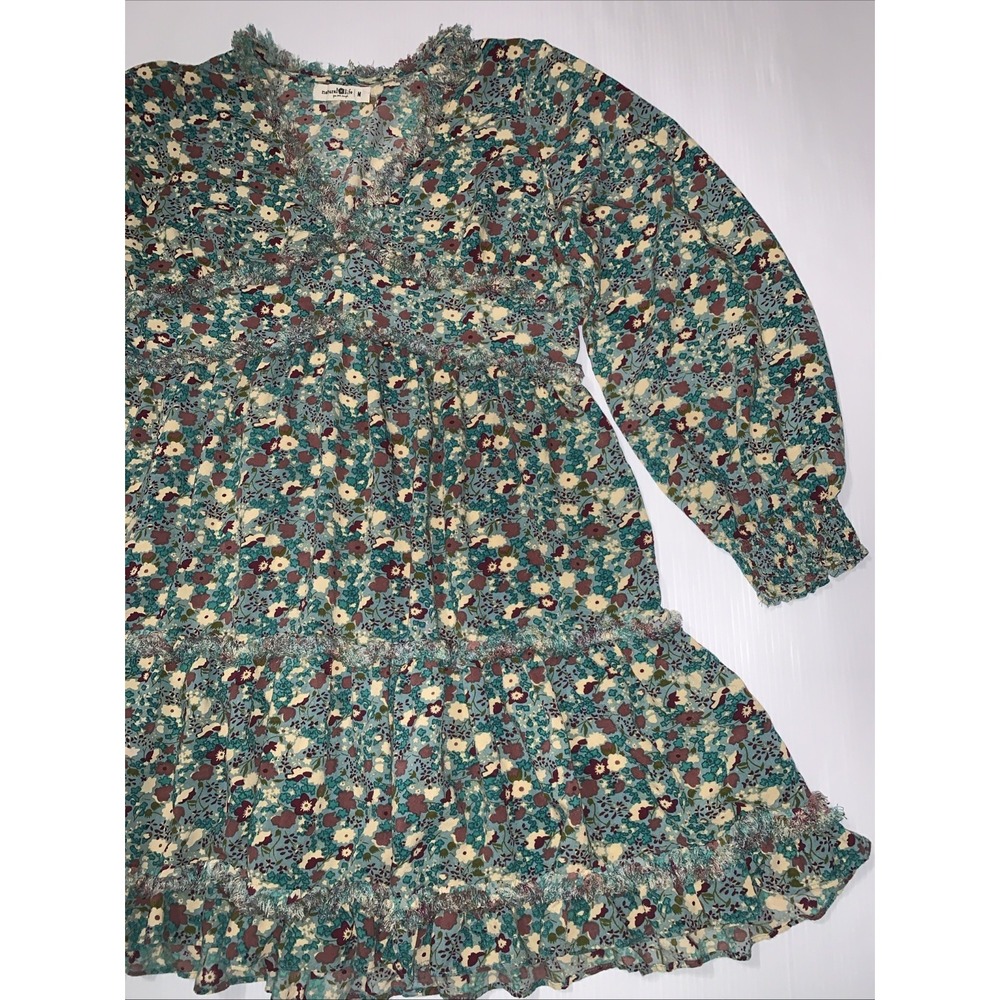 Natural Life Floral Mini Tiered Dress Size M Teal CottageCore Babydoll Boho - Picture 4 of 10
